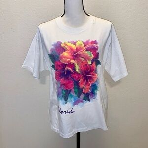 Vintage 1993 Islander Sportswear White Florida Sparkly Flowers Short Sleeve Top